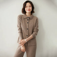 Cashmere Ribbed Knitwear Lapel Button-Up Collared Cardigan Top