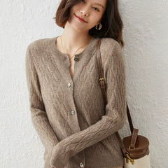 Button-Up O-Neck Hollow Cardigan Sweater Wool Knitwear Basic Tops