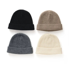 Chunky Ribbed Cashmere Beanie Hat Fold Over Knitted Cap
