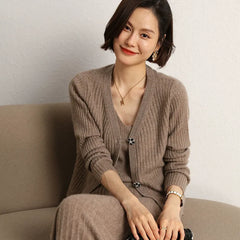 Ribbed V-Neck Slim Striped Knit Sweater Cashmere Wool Cardigan