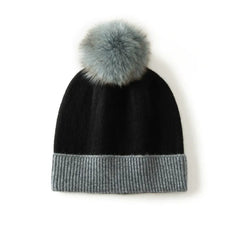 Knitted Cashmere Ribbed Beanie with Faux Fur Pom Hat Skull Cap