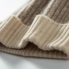 Two-Tone Cashmere Ribbed Knit Cashmere Beanie Hat