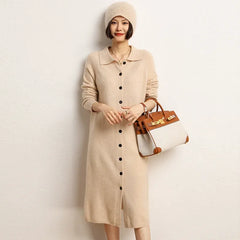 Button-Front Knit Dress with Collar Cashmere Long Sweater Dress