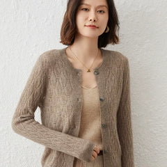 Button-Up O-Neck Hollow Cardigan Sweater Wool Knitwear Basic Tops