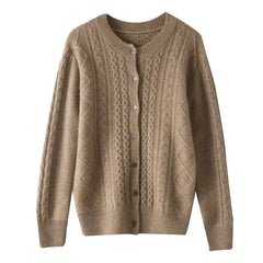 Crewneck Wool Cashmere Cable Knit Button Front Sweater Cardigan
