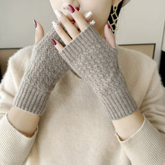 Ribbed Cuffs Diamond-Knit Cashmere Fingerless Gloves Mittens
