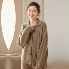 Cashmere Cable Knit Cardigan Polo Lapel Collar Button-Up Sweater