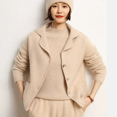 Lapel Button Front Knit Cashmere Sweater Cardigan Jacket with Collar