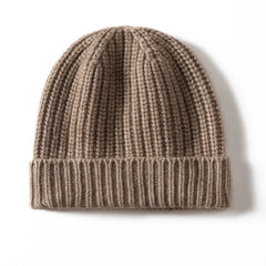 Warm Ribbed Cashmere Beanie Cap Knit Hat with Folded Cuff