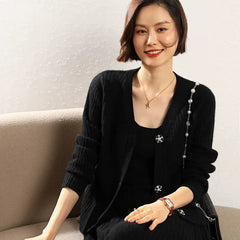 Ribbed V-Neck Slim Striped Knit Sweater Cashmere Wool Cardigan