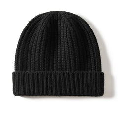 Warm Ribbed Cashmere Beanie Cap Knit Hat with Folded Cuff