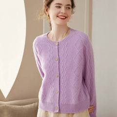 Cable Knit Twisted Flower Button Cashmere Sweater Cardigan