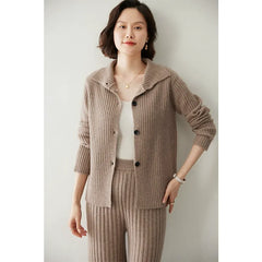 Cashmere Ribbed Knitwear Lapel Button-Up Collared Cardigan Top