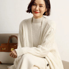 Cable-Knit Oversize Button Down Cashmere Cardigan Twisted Sweater