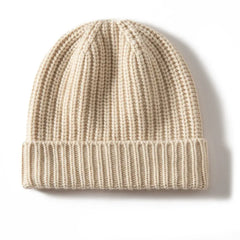 Warm Ribbed Cashmere Beanie Cap Knit Hat with Folded Cuff