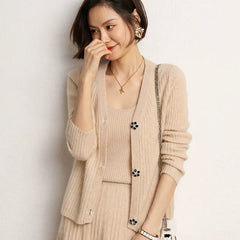 Ribbed V-Neck Slim Striped Knit Sweater Cashmere Wool Cardigan