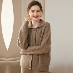 Cashmere Cable Knit Cardigan Polo Lapel Collar Button-Up Sweater
