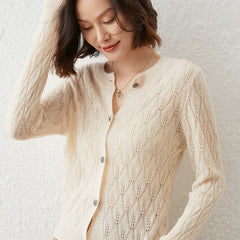 Button-Up O-Neck Hollow Cardigan Sweater Wool Knitwear Basic Tops