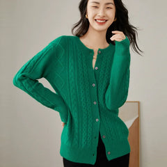 Crewneck Wool Cashmere Cable Knit Button Front Sweater Cardigan
