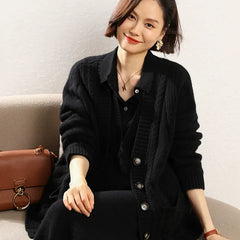 Cable-Knit Oversize Button Down Cashmere Cardigan Twisted Sweater