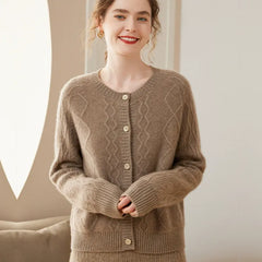 Cable Knit Twisted Flower Button Cashmere Sweater Cardigan