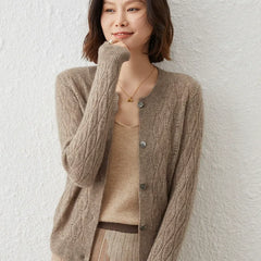 Button-Up O-Neck Hollow Cardigan Sweater Wool Knitwear Basic Tops