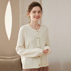 Cable Knit Twisted Flower Button Cashmere Sweater Cardigan