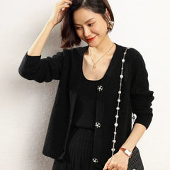 Ribbed V-Neck Slim Striped Knit Sweater Cashmere Wool Cardigan