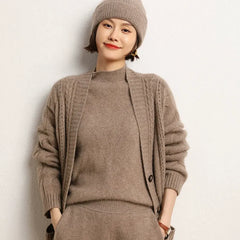 Cable-Knit Oversize Button Down Cashmere Cardigan Twisted Sweater
