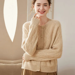 Cable Knit Twisted Flower Button Cashmere Sweater Cardigan