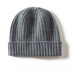 Warm Ribbed Cashmere Beanie Cap Knit Hat with Folded Cuff