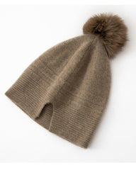 Winter Warm Knitted Hat Cashmere Beanie with Fur Pom-Pom