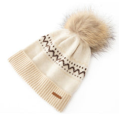 Cashmere Fair Isle Knit Beanie Hat with Fur Pom-Pom