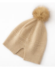 Winter Warm Knitted Hat Cashmere Beanie with Fur Pom-Pom