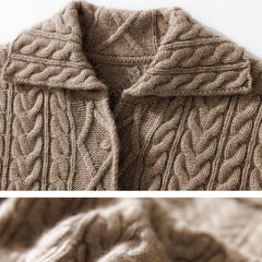 Cashmere Cable Knit Button-Up Thick Lapel Sweater Cardigan