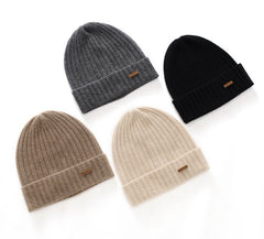100% Cashmere Ribbed Knitted Beanie Cuffed Hat with Logo Patch
