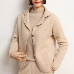 Lapel Button Front Knit Cashmere Sweater Cardigan Jacket with Collar