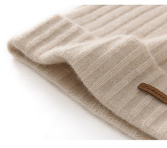 100% Cashmere Ribbed Knitted Beanie Cuffed Hat with Logo Patch