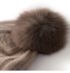 100% Cashmere Ribbed Chunky Knit Beanie with Pom-Pom for Women