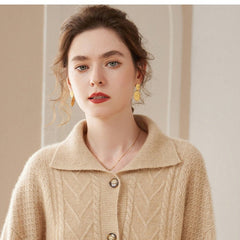 Cashmere Cable Knit Cardigan Polo Lapel Collar Button-Up Sweater
