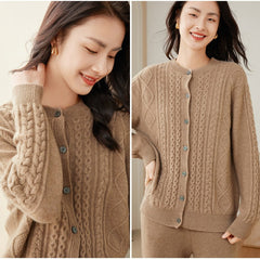 Crewneck Wool Cashmere Cable Knit Button Front Sweater Cardigan
