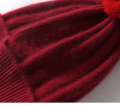 100% Cashmere Ribbed Chunky Knit Beanie with Pom-Pom for Women