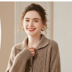 Cashmere Cable Knit Cardigan Polo Lapel Collar Button-Up Sweater