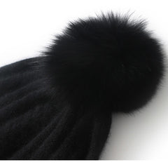 100% Cashmere Ribbed Chunky Knit Beanie with Pom-Pom for Women