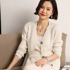 Ribbed V-Neck Slim Striped Knit Sweater Cashmere Wool Cardigan