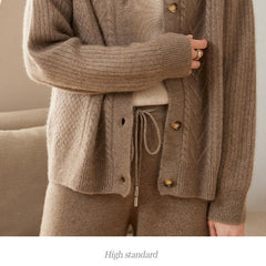Cashmere Cable Knit Cardigan Polo Lapel Collar Button-Up Sweater