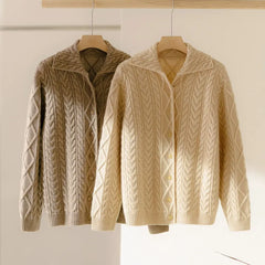 Cashmere Cable Knit Button-Up Thick Lapel Sweater Cardigan